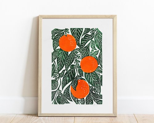 daashart Oranges linocut print Original artwork Botanical modern kitchen wall art decor