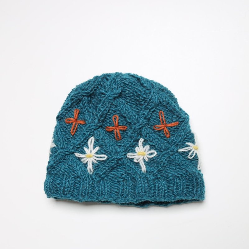 湖水藍綠小白花刺繡編織瓜皮帽/純羊毛線手工編織全襯防風保暖 - 帽子 - 羊毛 藍色