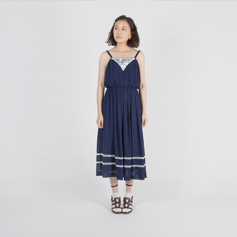 [Egg Plant Vintage] Sea Color Lace Thin Shoulder Strap Sleeveless Vintage Dress - One Piece Dresses - Polyester Blue