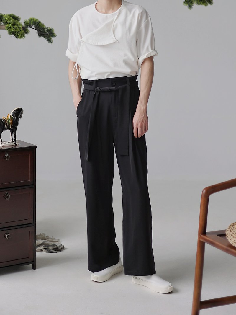 混沌とした山の夕暮れの新しい中国風国民風漢元素歌ズボン2.0バージョン改良された同じスタイルの男女兼用ズボン軽くて薄い垂直夏 - パンツ メンズ - コットン・麻 ブラック