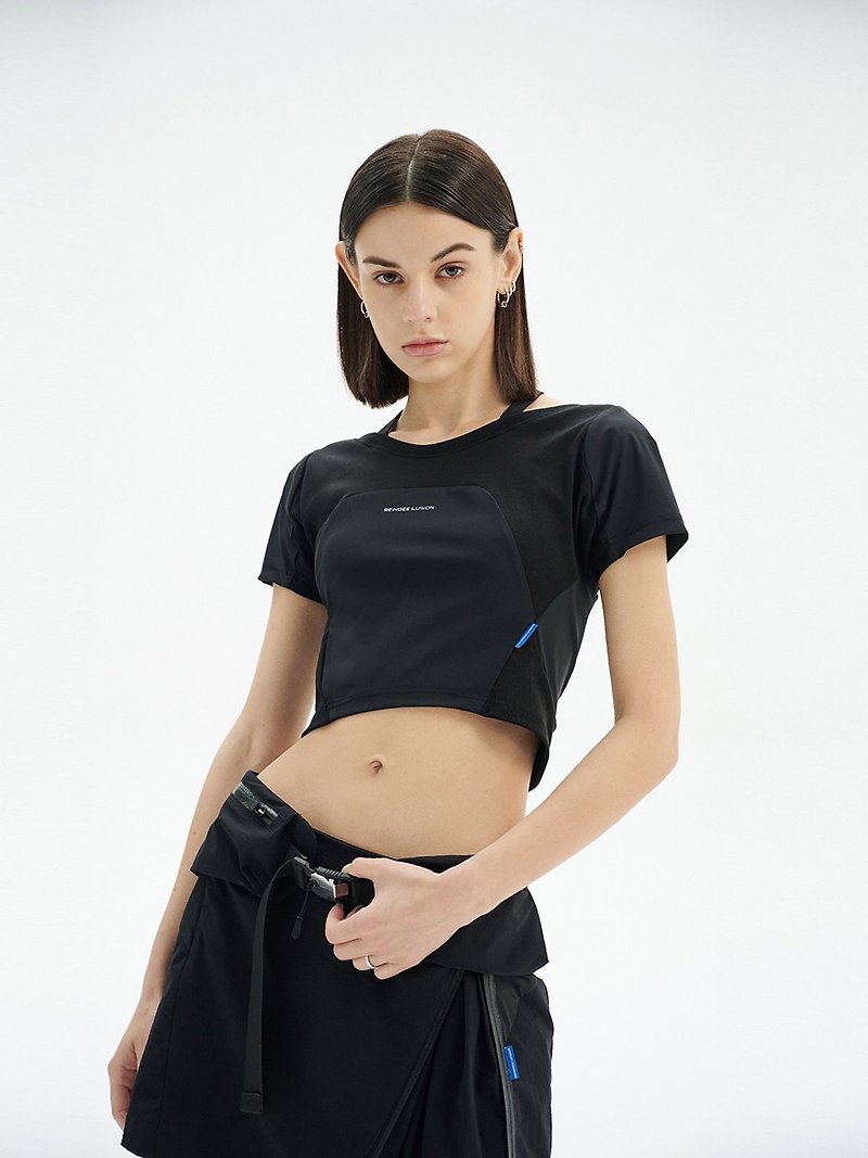 Pioneer functional deconstruction faux two piece short backless women's tight short-sleeved T-shirt - Women's T-Shirts - Other Materials Black