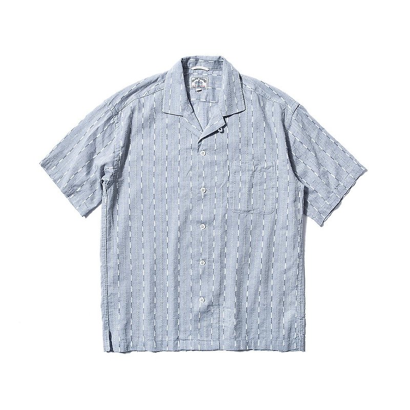Cotton Mixed Linen Jacquard Stripes Palaka Shirt - Blue - เสื้อเชิ้ตผู้ชาย - ผ้าฝ้าย/ผ้าลินิน สีน้ำเงิน