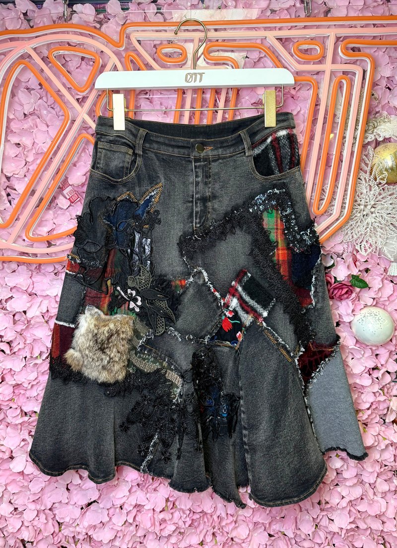 OTT獨一無二•Unique日系超重工洗水牛仔拼布蕾絲刺繡格仔裙 - 裙子/長裙 - 羊毛 多色