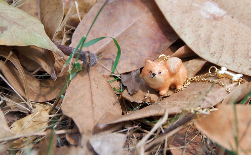 Red brown squirrel pomeranian dog with bone necklace - Necklaces - Copper & Brass 