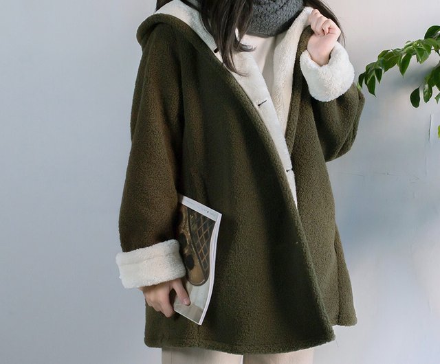 Zaful hooded open hot sale front lamb wool coat