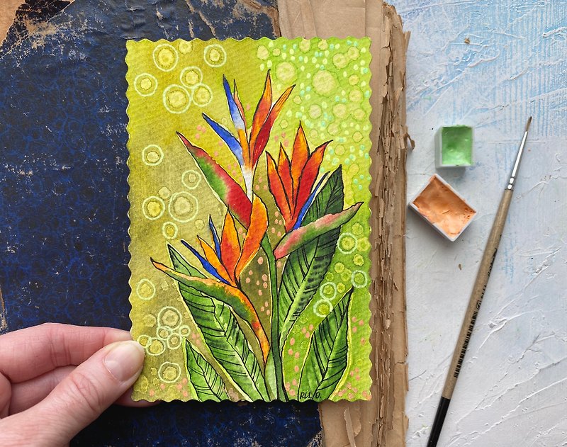 熱帯の花の絵画花オリジナルアート小さな水彩画ミニチュアアートワーク - ポスター・絵 - 紙 多色