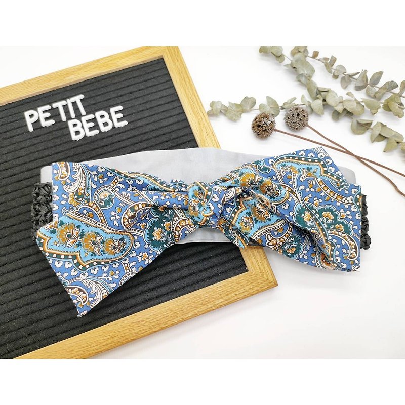 Petitbebe~Oriental Totem Flower (Blue) Paper Rattan Stitching Bow Headband - Hair Accessories - Cotton & Hemp Brown