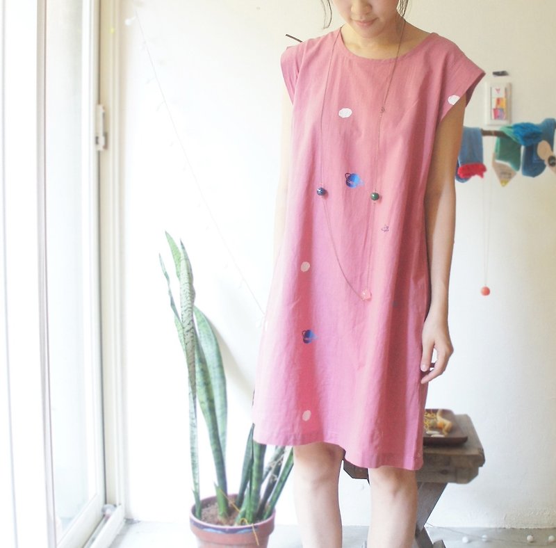 After raspberry pink pick sleeve lovely planet slits hand printed silk dress / - One Piece Dresses - Cotton & Hemp Pink