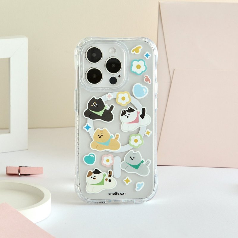 Zhou's Meow Meow Outing Cat Anti-Yellow and Anti-fall MagSafe iPhone Case - เคส/ซองมือถือ - พลาสติก สีใส