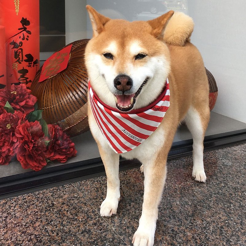 コットン・麻 首輪・リード レッド - 犬専用スカーフ-カスタマイズ（中型犬）-赤と白のストライプ