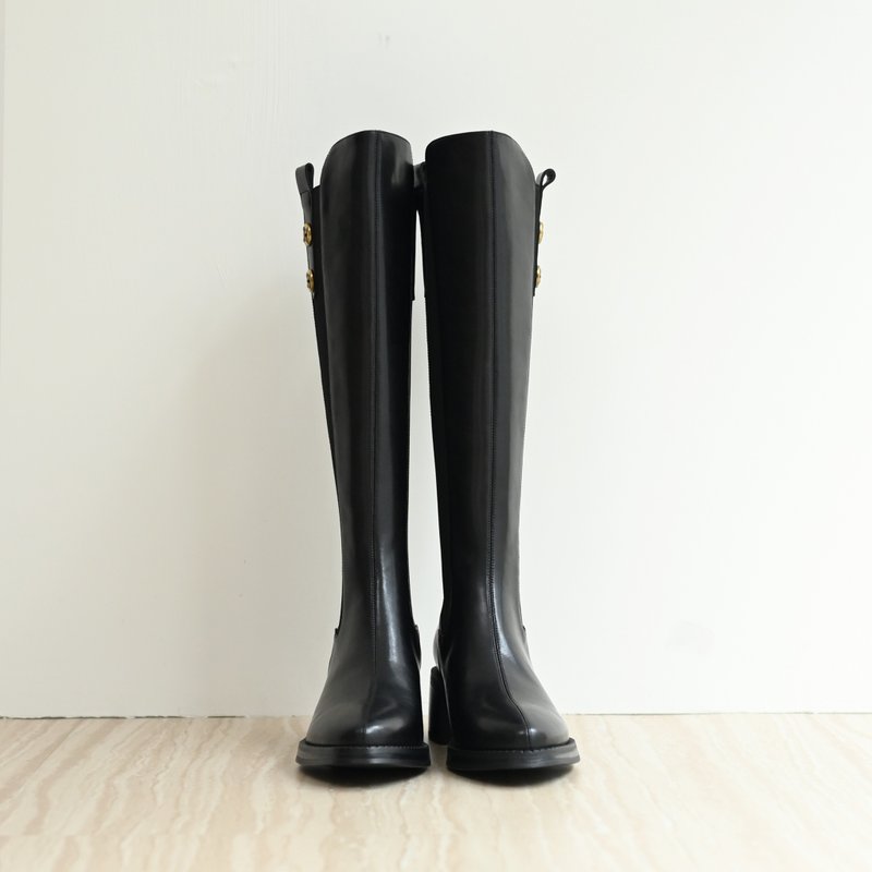 二側繃帶感-尖頭粗跟長靴-黑色 - 女長靴/高筒靴 - 真皮 黑色