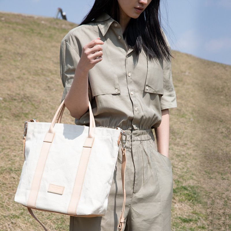 Vegetable Tanned Leather & Canvas Crossbody Handbag Shoulder Tote - Messenger Bags & Sling Bags - Other Materials Gray