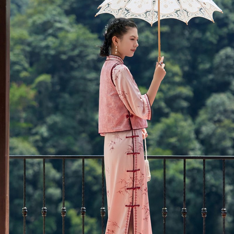 【竹染胭脂】 新中式復古/古法倒大袖馬甲/旗袍 - 旗袍/改良式旗袍 - 其他材質 粉紅色