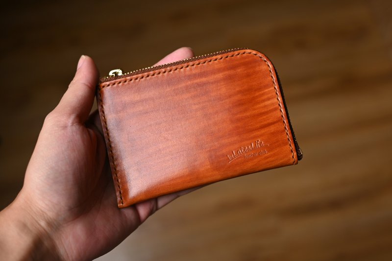 L-shaped zipper coin purse/short clip wood grain brushed European vegetable tanned cowhide - กระเป๋าสตางค์ - หนังแท้ สีนำ้ตาล