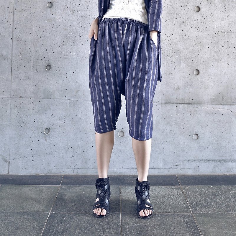 [Custom] Lun striped trousers -CONTRAST card Ruo Poetry - Women's Pants - Cotton & Hemp Blue
