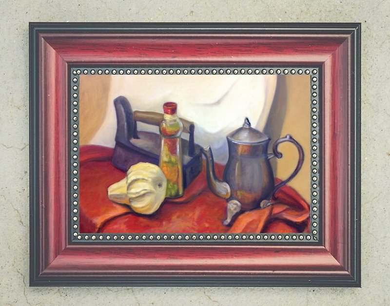 Country style still life oil painting large size, coffee pot, old iron, pumpkin - Wall Décor - Other Materials Multicolor