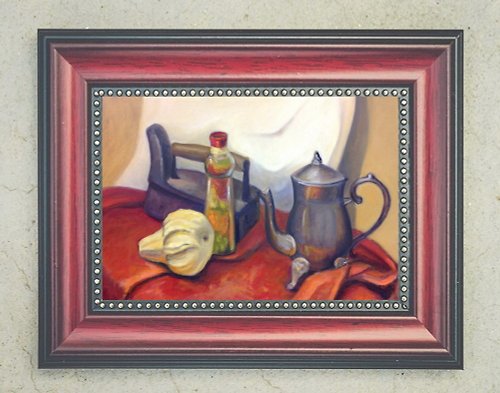 DCS-Art Country style still life oil painting large size, coffee pot, old iron, pumpkin