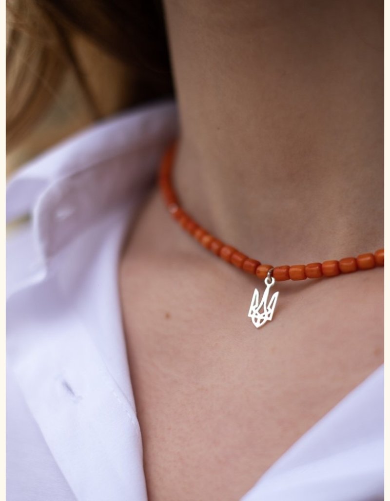 One string terracotta coral necklace with a silver trident - Necklaces - Semi-Precious Stones Red