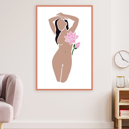 Alindos 裸體女人插圖-棕色女孩海報-花卉女人插圖