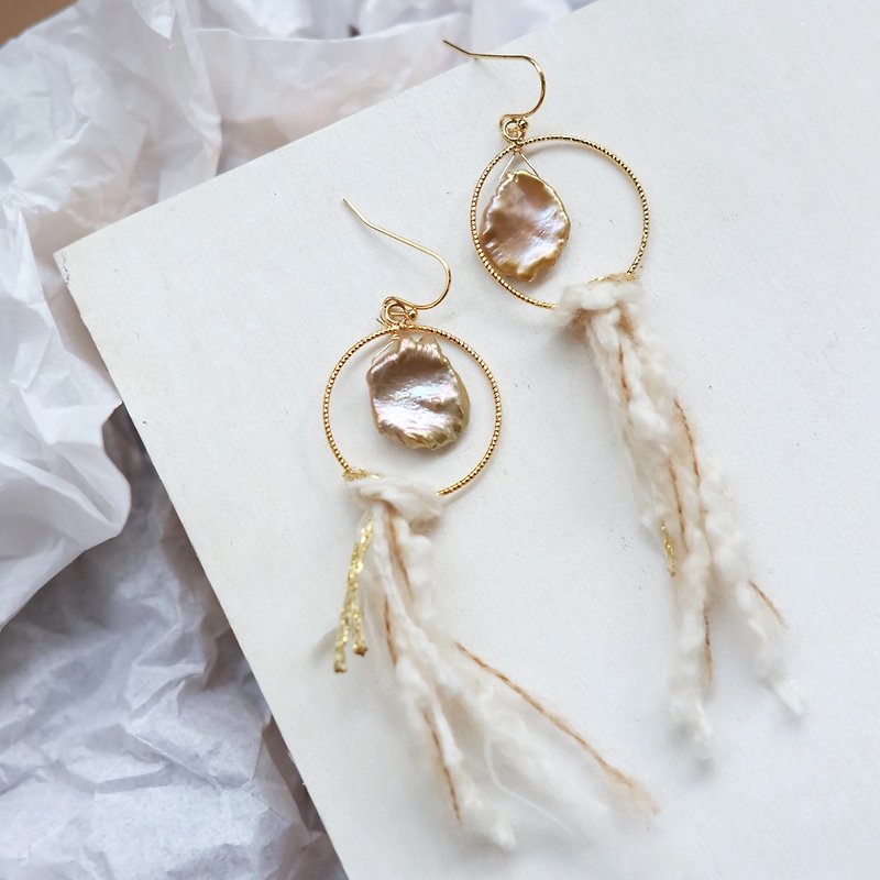 Mermaid Boho Vintage Baroque Pearl Tassel 18k Gold Plated Gold Earrings/Ear clips - ต่างหู - ไข่มุก สีทอง