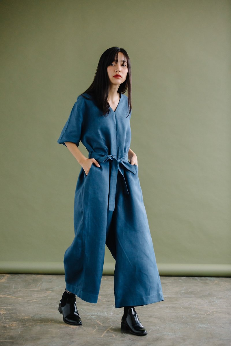 WIDE-LEG JUMPSUIT WITH V-NECK IN STEEL BLUE - Overalls & Jumpsuits - Cotton & Hemp Blue