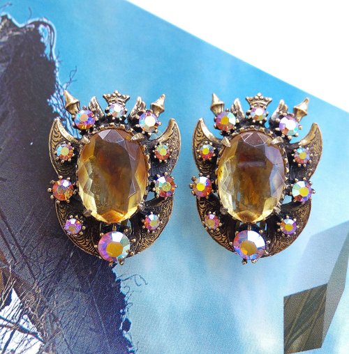 老時光角落 Vintage Jewelry 西洋古董飾品 FLORENZA 琥珀色調 夾式耳環