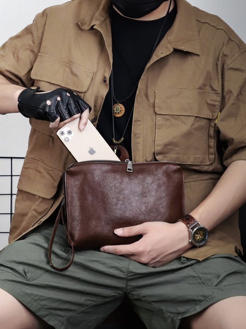 Men Business Clutch Bag Casual Genuine Leather Handbag Large Clutch Wallet - กระเป๋าคลัทช์ - หนังแท้ สีนำ้ตาล