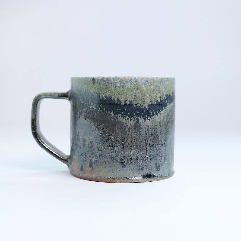 Mingya Kiln | Wood-fired gray-blue glaze two-color handle cup Teal collection pottery cup H10 - Teapots & Teacups - Pottery Blue