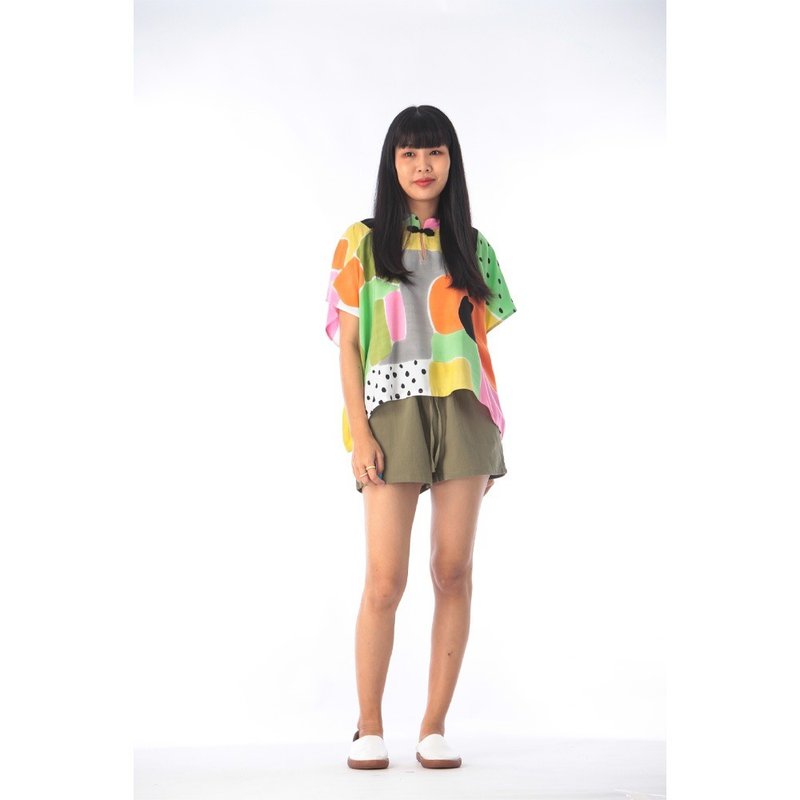 Blouse Chinese Style Cotton Rayon Free size - 女上衣/長袖上衣 - 棉．麻 綠色