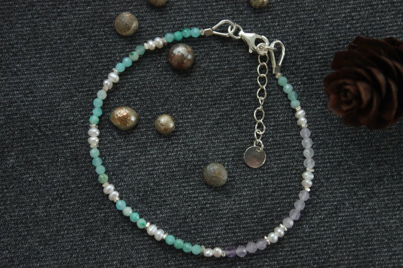 【Sterling Silver Ultra Thin Bracelet】Natural Freshwater Pearl/ Stone/Lavender Amethyst. designer hand maker - สร้อยข้อมือ - เครื่องประดับพลอย สีม่วง