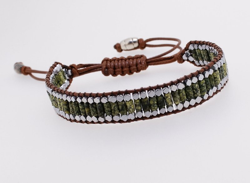 手織小柱管綠雪花黑膽石拉繩手錬 ( Handmade Gems Bracelet ) - 手鍊/手鐲 - 寶石 綠色