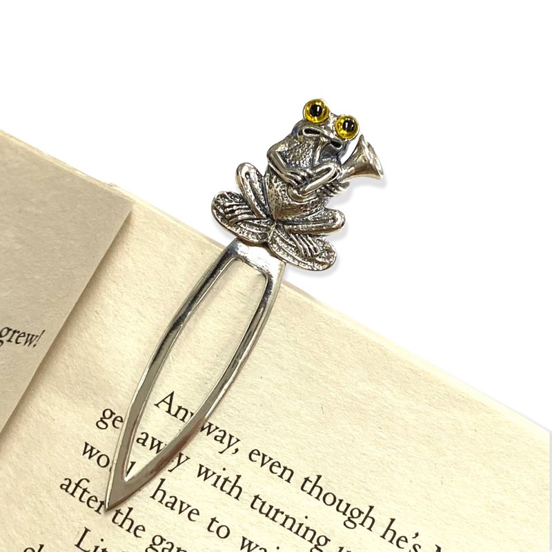 Victorian Style Quality Frog holding Trumpet Bookmark Clip 925 Sterling Silver - 書籤 - 純銀 銀色