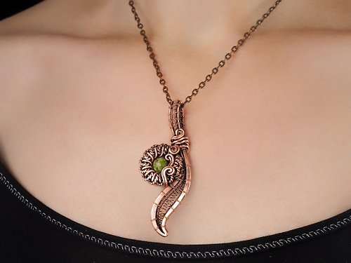 Wire Wrap Art Elegant leaf and flower necklace | Natural green jade copper wire long pendant