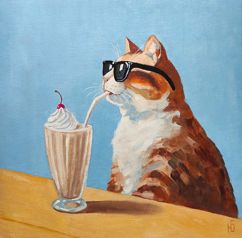 Cat Original Oil Painting, Funny Pet Portrait, Kitty Artwork. 手工油畫, 油畫原作 - โปสเตอร์ - วัสดุอื่นๆ หลากหลายสี