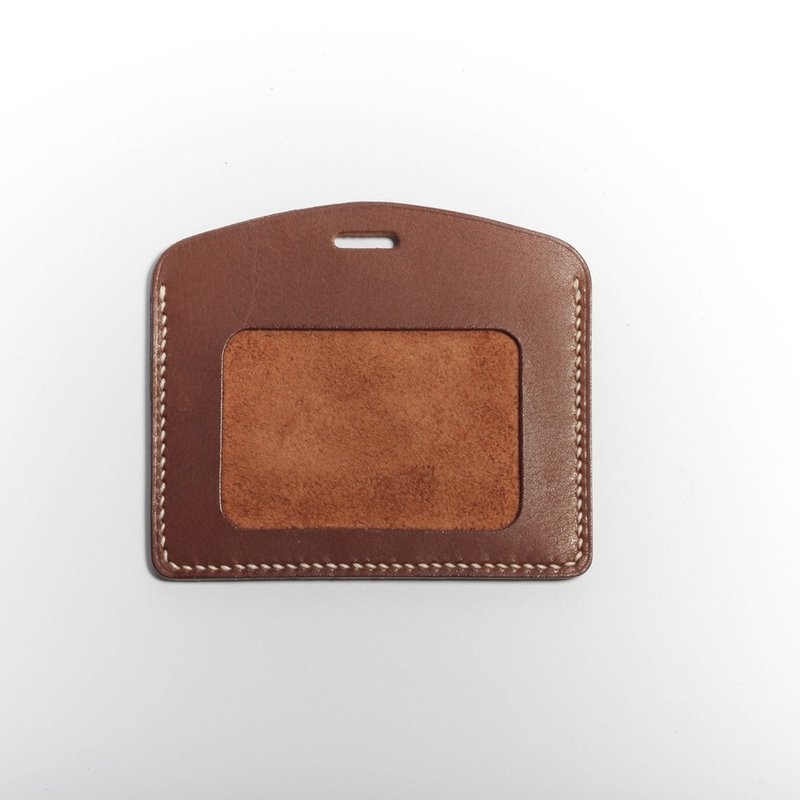 [Yingchuan Handmade] Document holder, leisure card holder (red coffee color horizontal) cowhide pure hand-stitched - ที่ใส่บัตรคล้องคอ - หนังแท้ สีส้ม