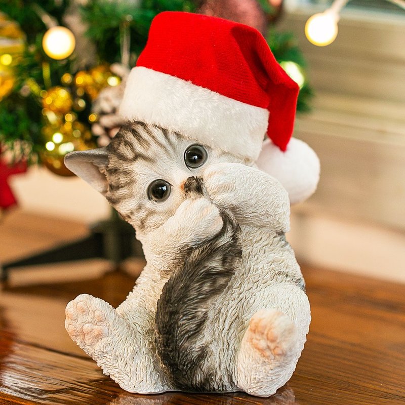 [Devalier] Christmas Gift Cat Figurine Sabatra Santa Hat Width 15 x Depth 13 x Height 19cm Christmas Gift Object Genuine Fluffy Cat xca177 - ของวางตกแต่ง - เรซิน ขาว