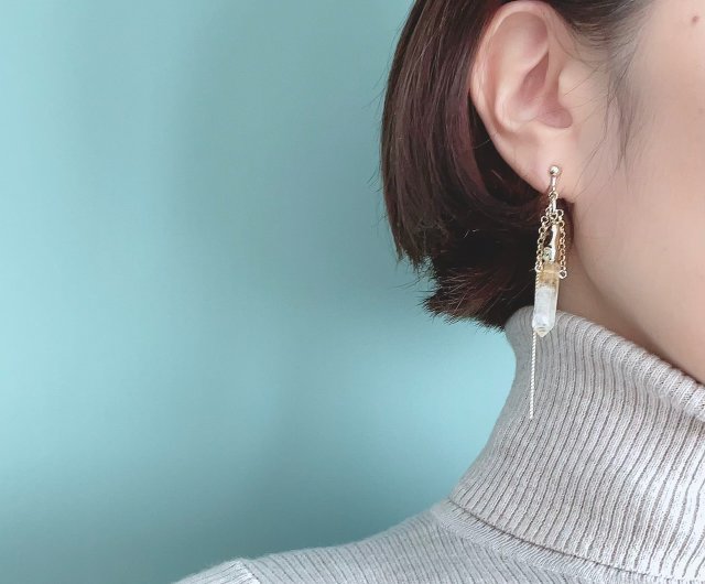 citrine long earrings ピアス/イヤリング - Shop Lunka Handmade