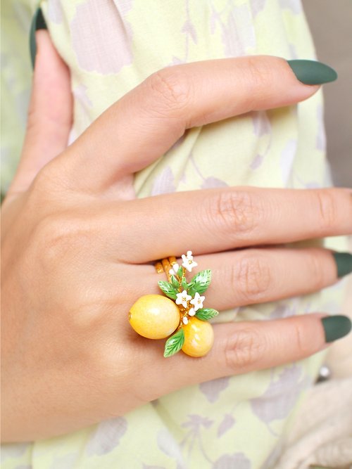 GOODAFTERNINE 檸檬戒指、花果香、琺瑯戒指、俏皮首飾