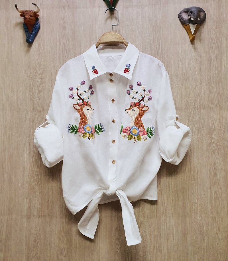 Hand Embroidery Shirt, Linen Fabric, Deer, Fox, Flower - Women's Shirts - Thread White