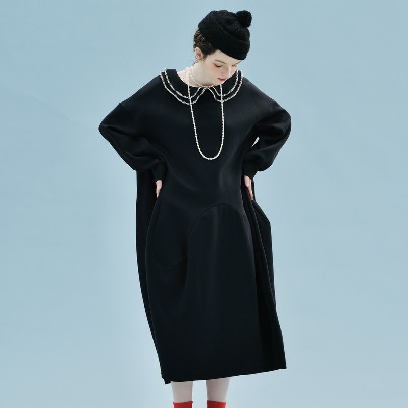 Black Japanese Style Double Layer Collar Long Sleeve Dress / Skirt - Cotton Blend - One Piece Dresses - Cotton & Hemp Black