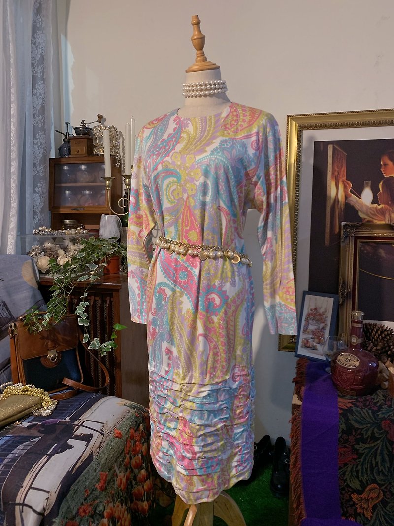 [Vintage Friendship Wear] Ru.Shiiku pink amoeba print dress - One Piece Dresses - Other Materials Multicolor