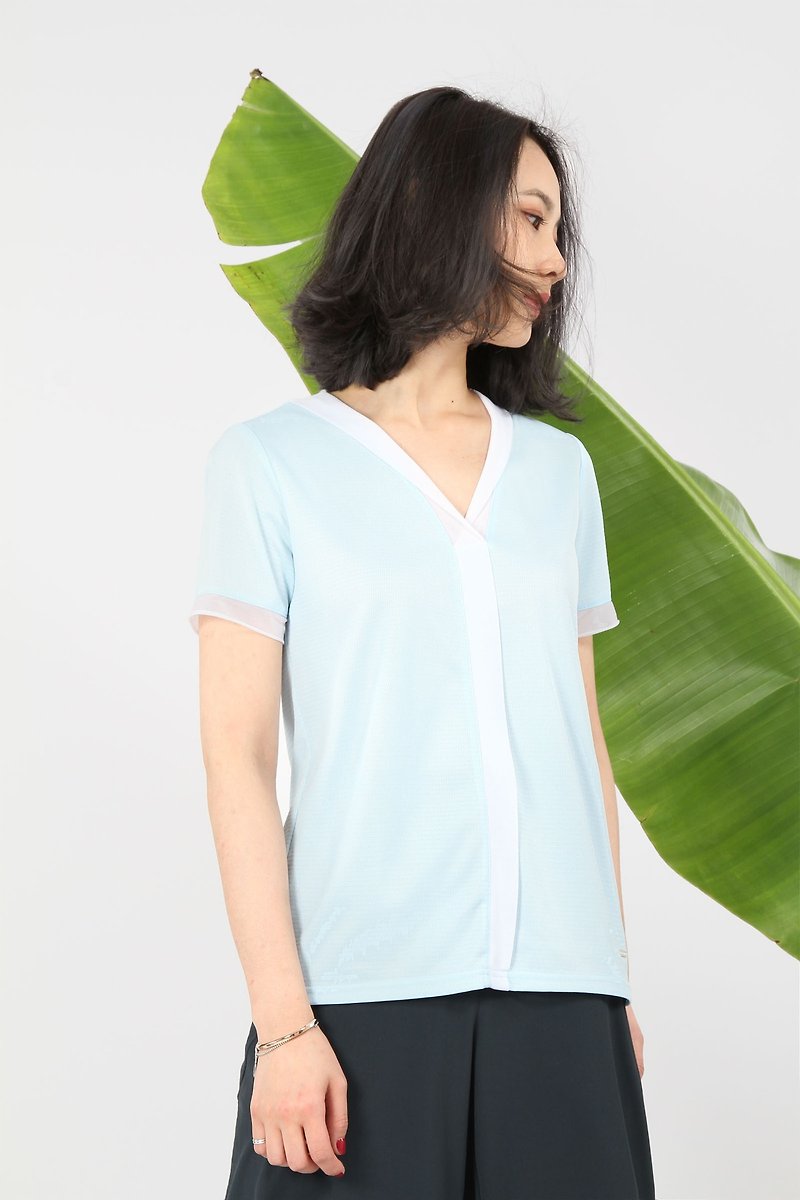V-neck spliced yarn reflective suction row T-water blue - Women's Tops - Polyester 