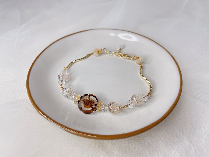 Charm of Camellia || Black Gold Super Seven White Crystal Citrine Japanese Bracelet Crystal Bracelet - Bracelets - Crystal Brown