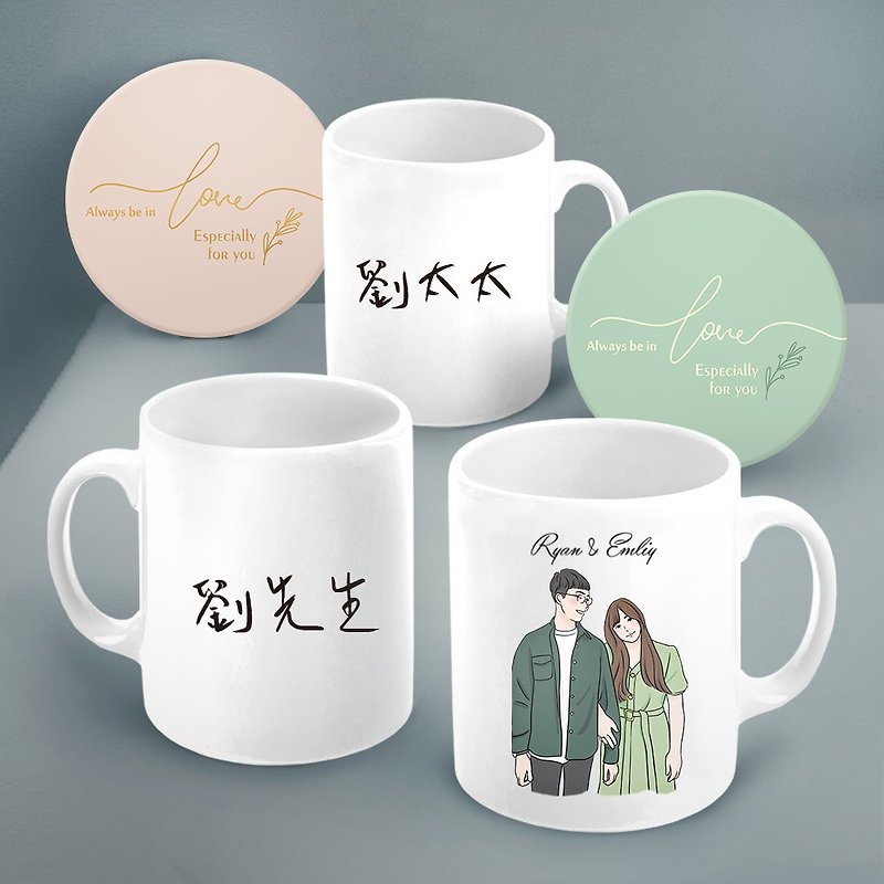 Customized gift [plus coasters] 2 colorful face-painted mugs - Mr. and Mrs. mugs - ภาพวาดบุคคล - ดินเผา ขาว