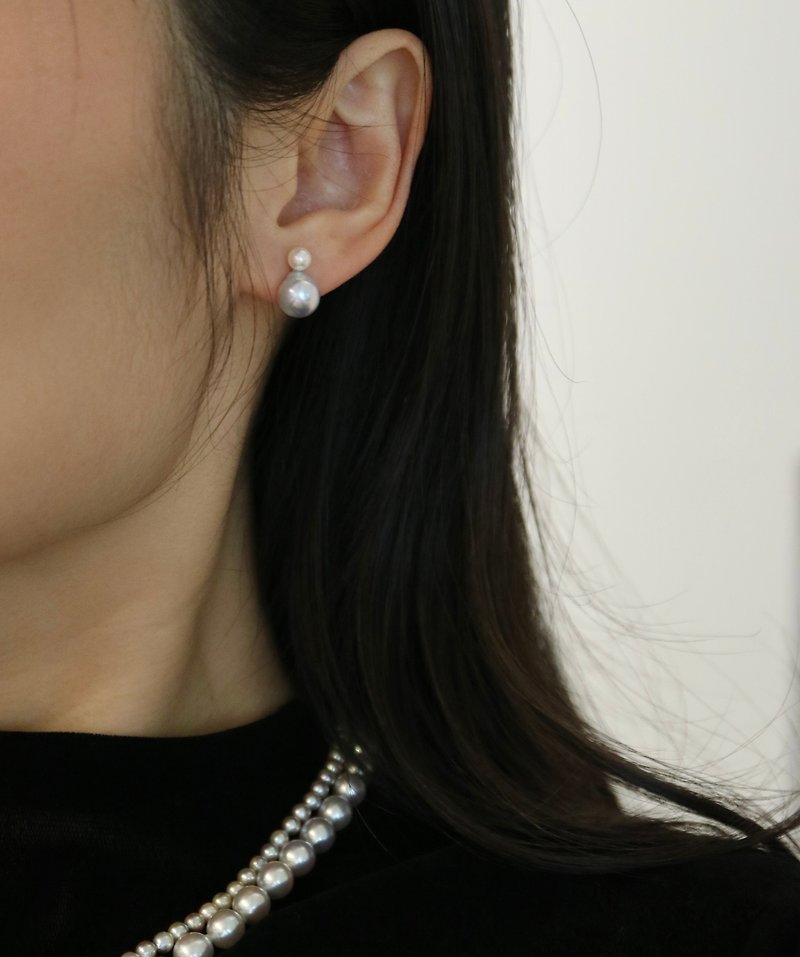 日本製 akoya珍珠雙珠耳釘 2ways 可拆卸  白色耳釘 真多麻色珍珠 - 耳環/耳夾 - 珍珠 白色