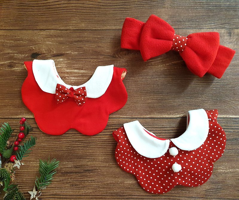 Christmas red collar piece petal bib saliva towel + headband moon gift - Bibs - Cotton & Hemp Red