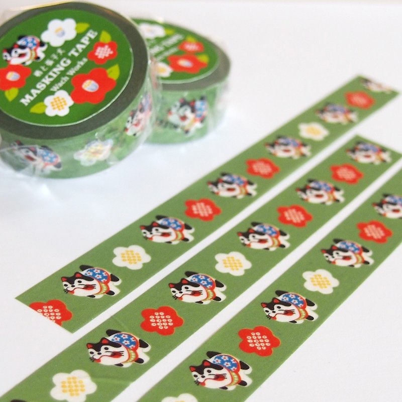 椿と張子犬のマスキングテープ - 紙膠帶 - 紙 綠色