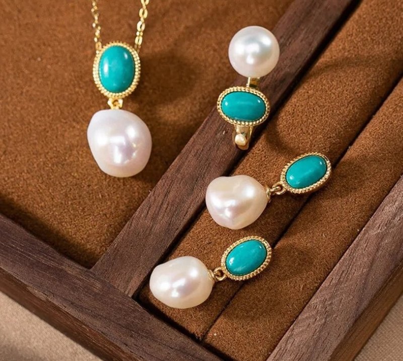 Baroque Pearls Jewelry Sets for Women Natural Pearls Turquoise Earrings Rings - สร้อยข้อมือ - เงินแท้ หลากหลายสี