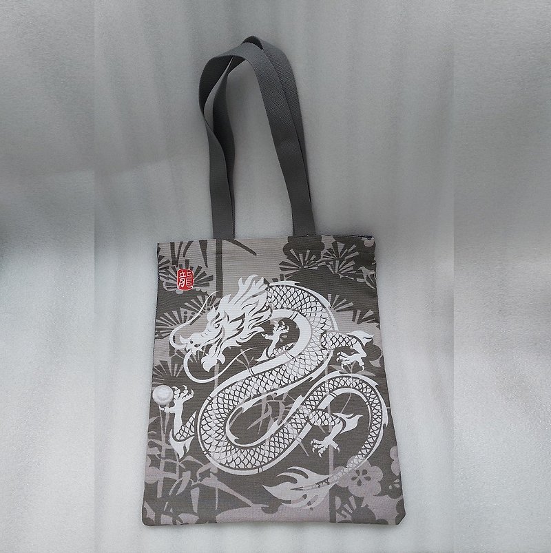 Durable Reusable Tote Bag with Dragon, Eco-friendly Shopping Bag Made of Cotton - Messenger Bags & Sling Bags - Cotton & Hemp Gray