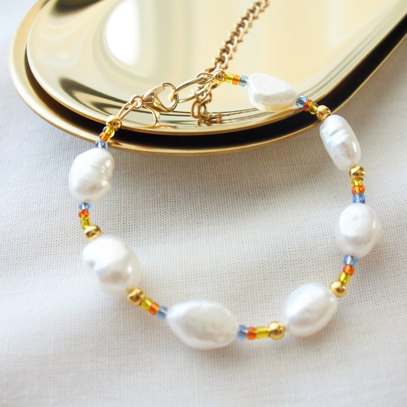 Freshwater pearl with tri-colour beads bracelets - 手鍊/手環 - 珍珠 白色